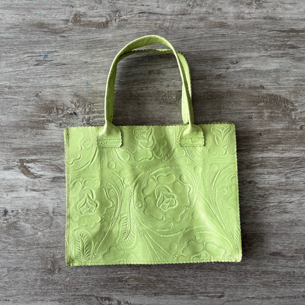 Vintage Sarah Shaw Bag Shoulder Purse Shopper Tote Green Leather Embossed 90s